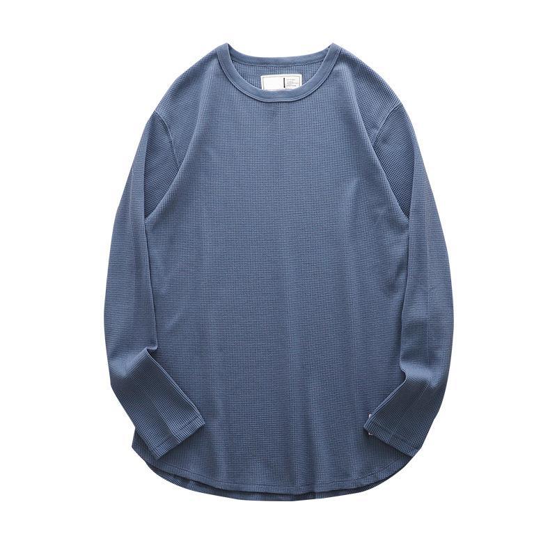 2022 American Waffle Long-Sleeved T-shirt Men's Spring and Autumn Loose round Neck Breathable Solid Color Bottoming Shirt Sense Sweaters Menswear