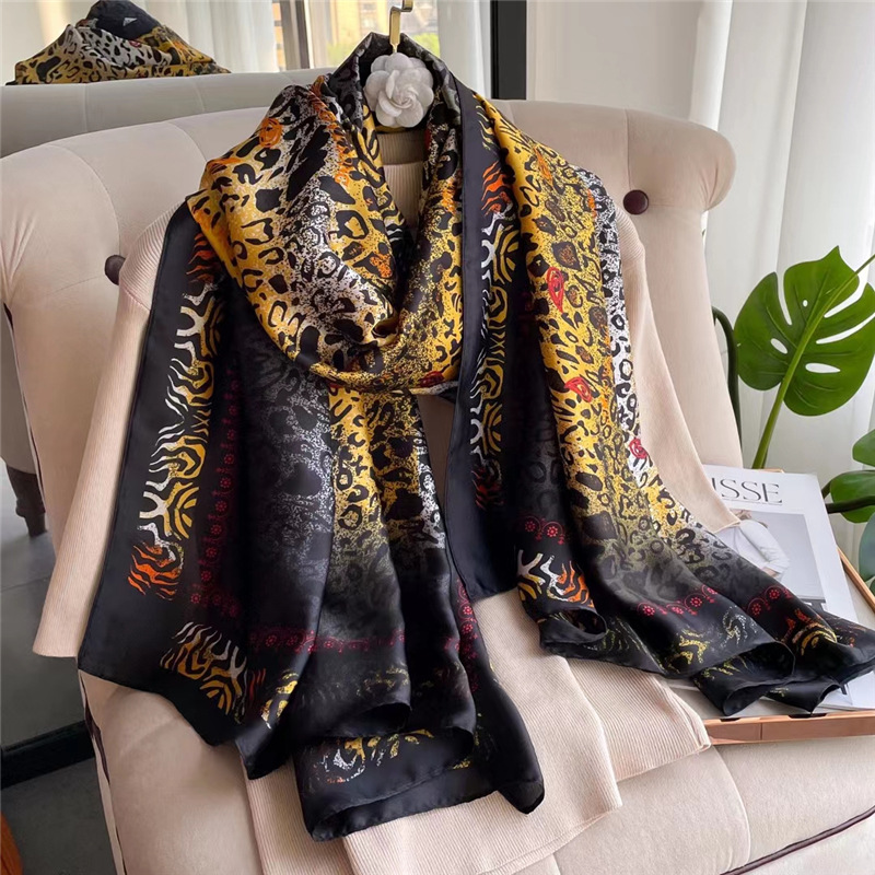 New Long Silk Scarf Elegant Cross-Border Leopard Print Satin Scarf Silk Scarf Hangzhou Silk Wholesale Girls' Outdoor Scarf