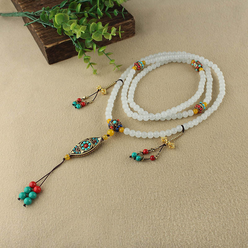 Chinese Style Nepal Beads Exaggerated Crossbody Necklace Sweater Chain Cotton and Linen Ethnic Style Clothing Accessories Hand-Held Pendant for Women