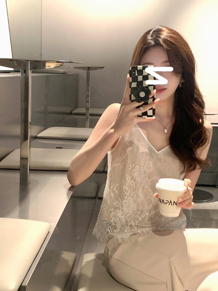 夏诗文 半岛蕾丝 纯欲风吊带背心女春小精细内搭性感别致镂空上衣