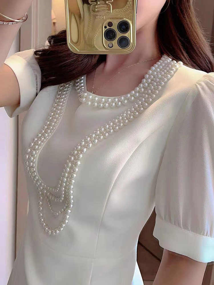 董小姐高端2021新款设计感小众裙子纯手工珍珠白色连衣裙女夏