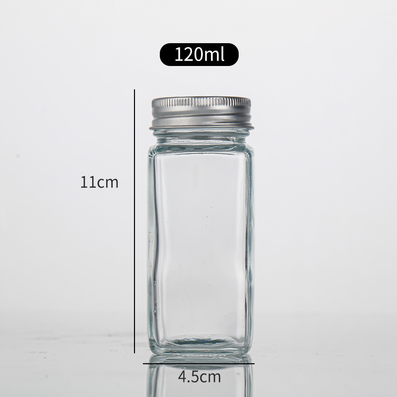 Household 120ml Square Porous Transparent Glass Condiment Bottle Cumin Powder Barbecue Shaker Pepper Shaker