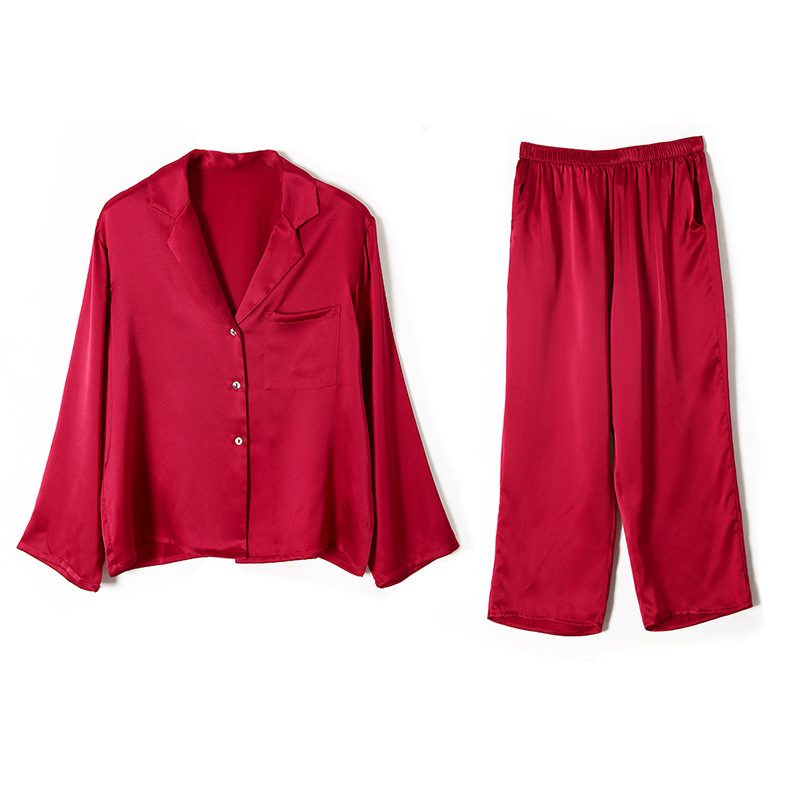 重磅素绉缎家居服真丝西装领睡衣女睡衣套装桑蚕丝睡衣红