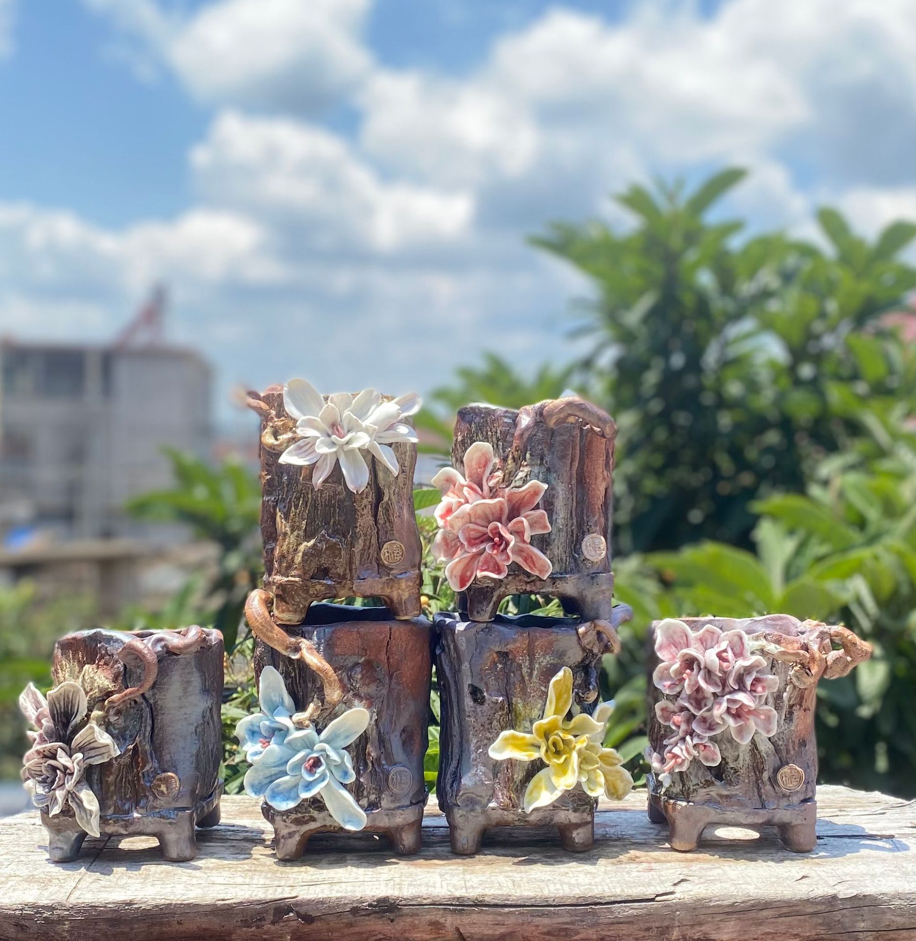 新款朴器高方捏花手工陶瓷多肉花盆个性复古创意园艺多肉花盆批发