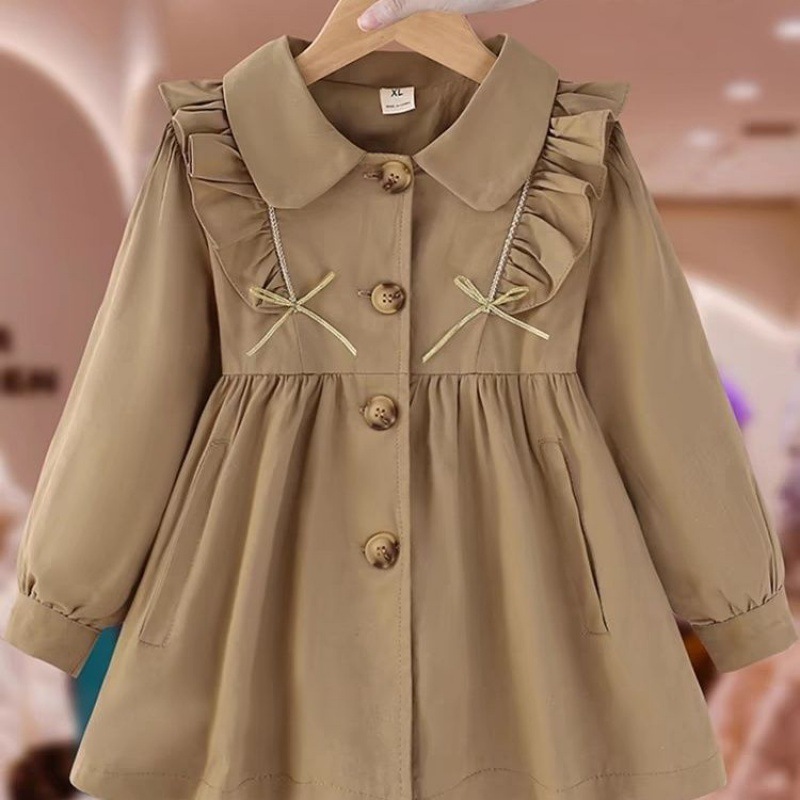 女童风衣外套春秋款2024新款儿童洋气时髦防风衣宝宝蝴蝶结上衣