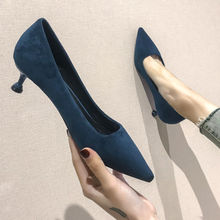 韩版单鞋女2023春季新款尖头猫跟黑色中跟高跟鞋女细跟5厘米