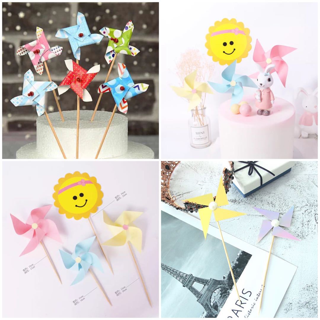 diy简易风车蛋糕装饰竹签风车6支装纸杯蛋糕插旗装饰金银珍珠风车