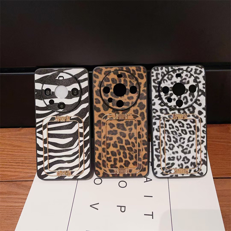 适用华为mate60手机壳皮质豹纹支架mate60pro全包后盖保护套外贸