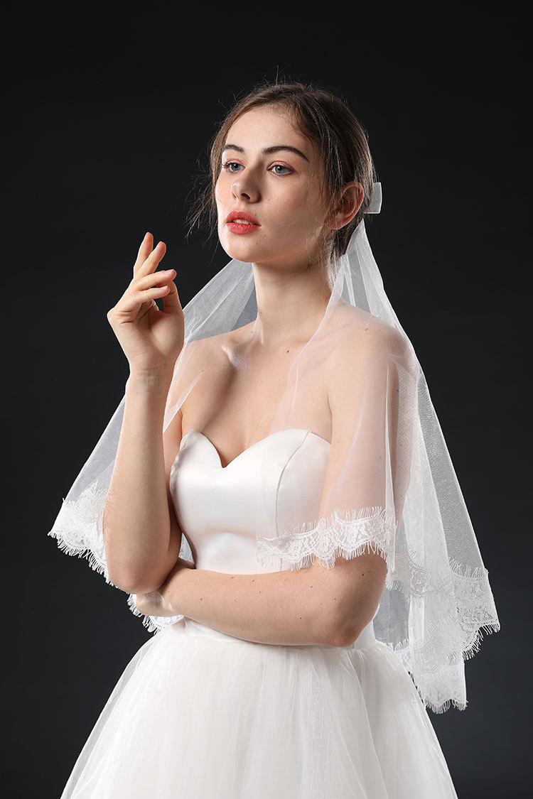 新娘头纱轻婚纱婚礼头饰发梳单层睫毛蕾丝花边蝴蝶结短款头纱旅拍