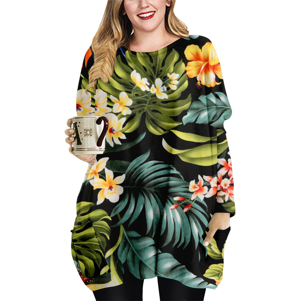 2021款跨境欧美花草印花系列大码女装圆领宽松连衣裙亚马逊外贸