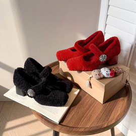 日韩网红推荐~粗高跟一字扣带羊羔毛玛丽珍鞋红色浅口加绒单鞋女