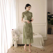 新中式旗袍新款2024新款少女夏季连衣裙绿色复古气质改良日常年轻