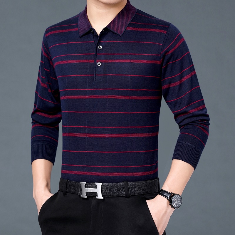 春秋款翻领针织衫男新款中老年男士长袖宽松打底衫爸爸装男装体恤