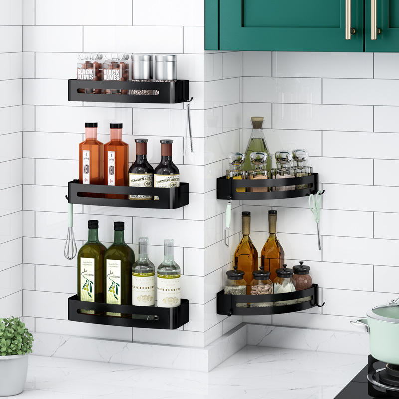 丹乐厨房置物架壁挂式免打孔太空铝转角三角黑色调味品收纳调料架