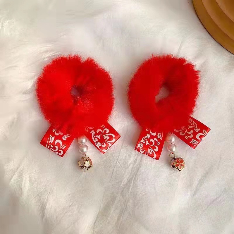 Dragon New Year Hair Accessories Imitation Rabbit Plush Hair Ring Chinese Style Children's Han Chinese Costume Hair Accessories Girl Baby Red Fur Ball Ancient Style