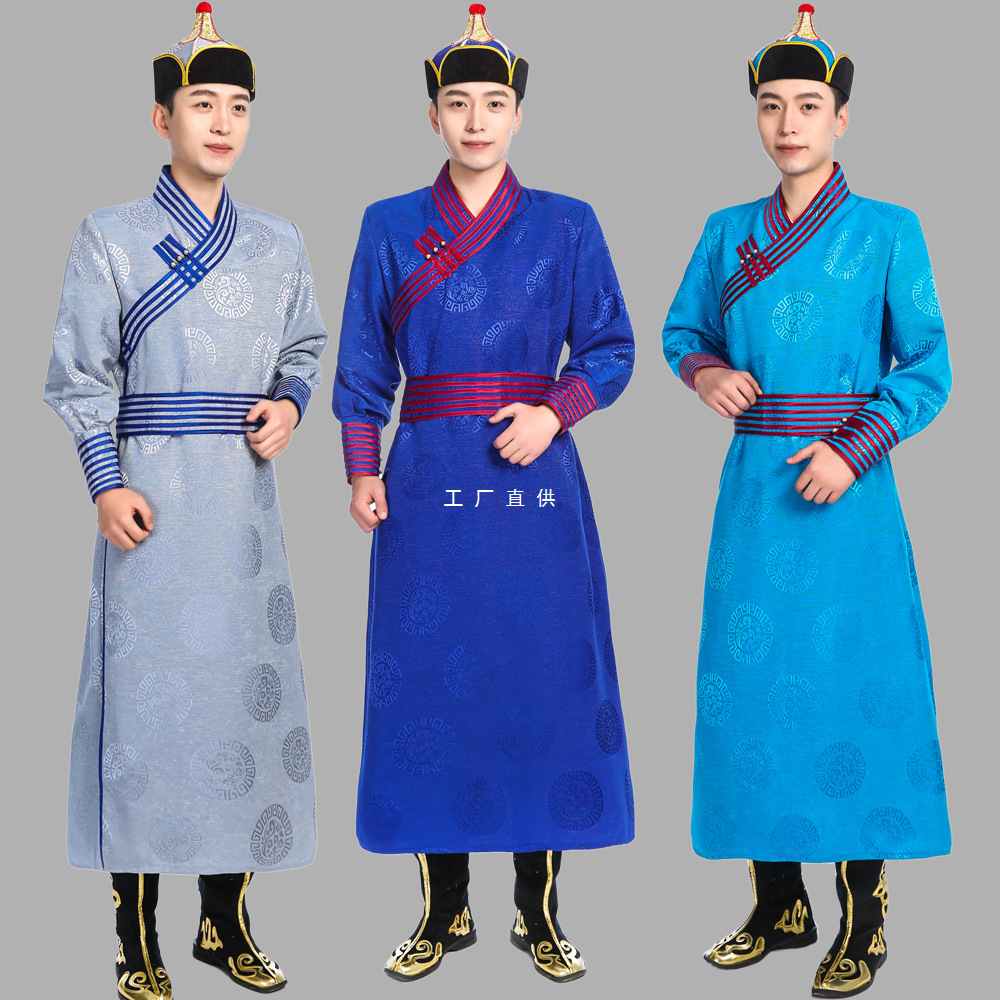 蒙古服装男士新款民族服饰灰色长款蒙古袍蒙族演出服舞蹈服新品