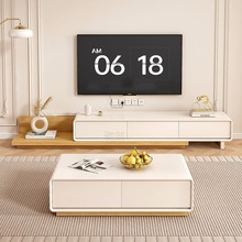 3r奶油原木风简约电视柜茶几组合现代客厅家用小户型白伸缩电视机