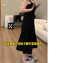 大码赫本风黑色吊带连衣裙女夏季胖mm气质显瘦遮肉法式背带长裙子