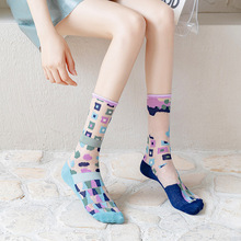 夏季卡丝袜子中筒袜韩个性版潮流AB不对称丝袜女薄款玻璃卡丝潮袜