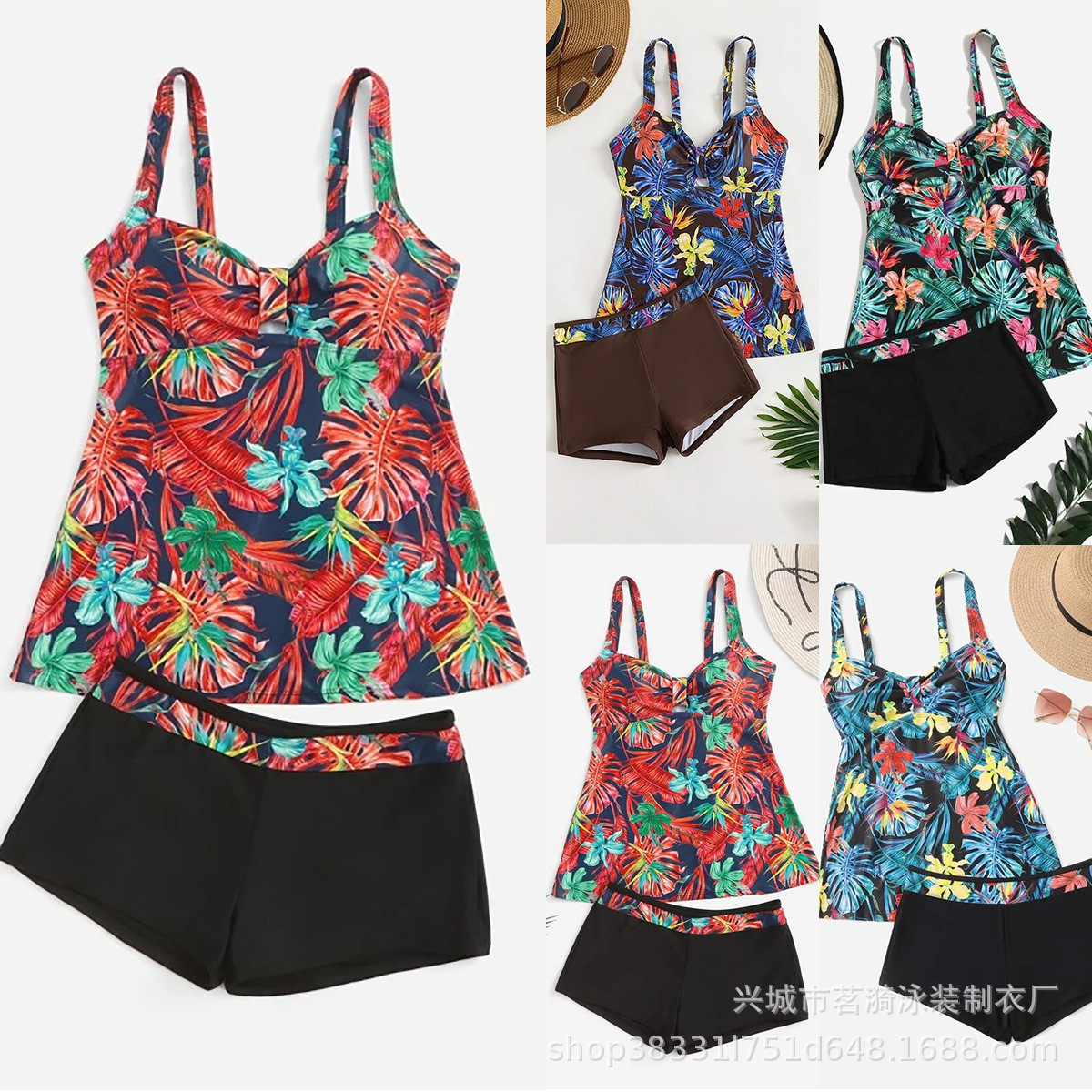 茗漪新款多色印花欧美坦基尼保守时尚大长裙平腿裤头二件套女泳衣