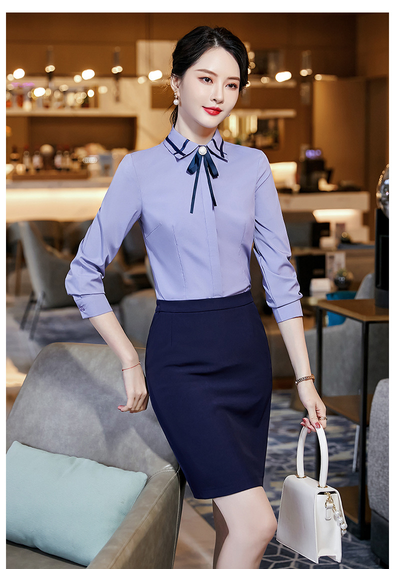 时尚领结衬衫春夏新款职业气质ol女士长袖衬衫修身翻领衬衣