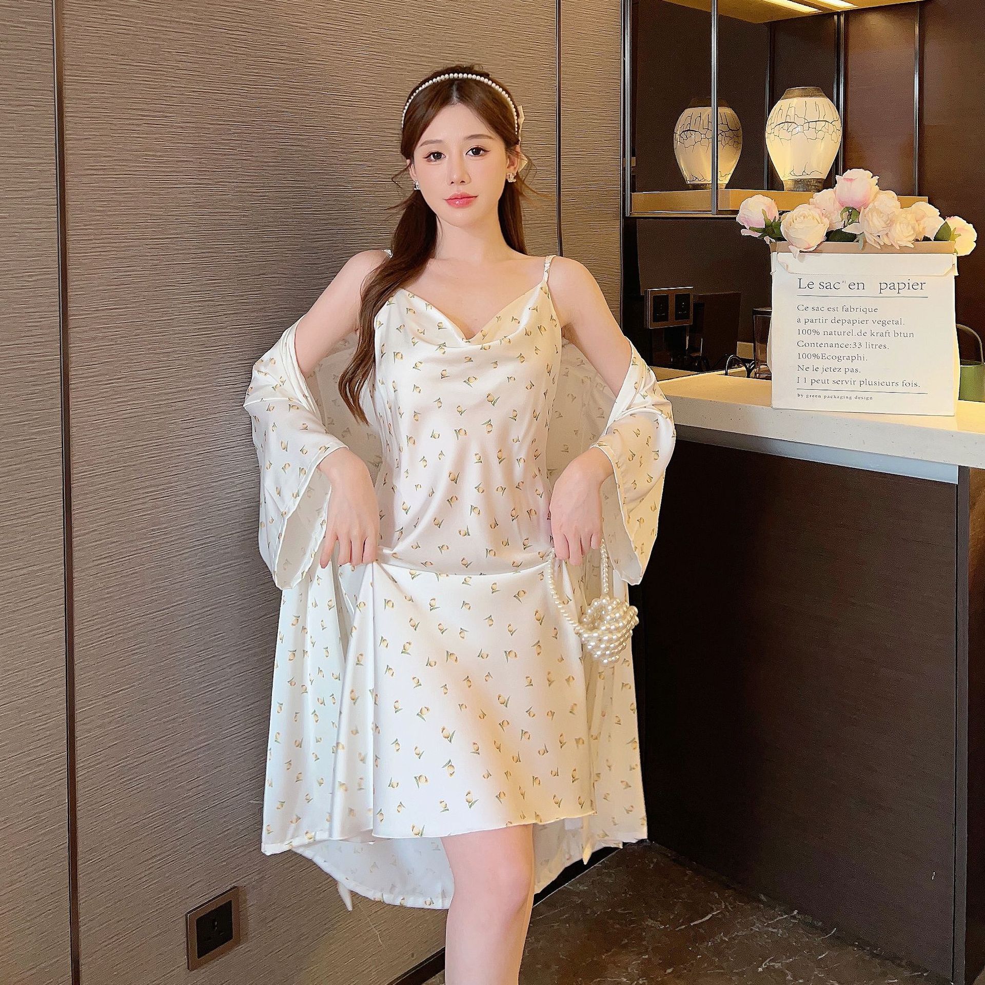 夏季睡衣女薄款丝绸性感吊带睡裙浴袍套装韩版碎花堆堆领冰丝睡袍