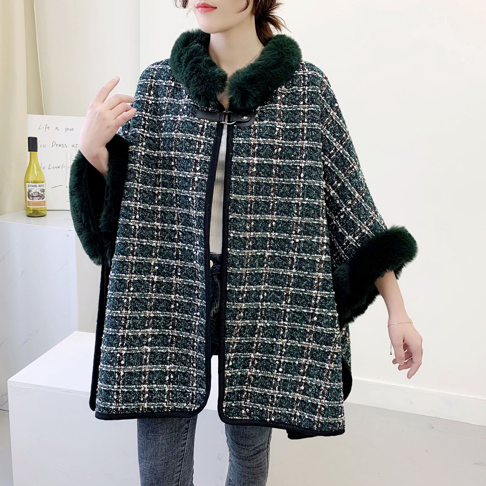 New Extra Large Size Windbreaker Women‘s Korean-Style Rabbit Fur Lengthened Cloak Classic Style Autumn Cardigan Shawl Woolen Coat