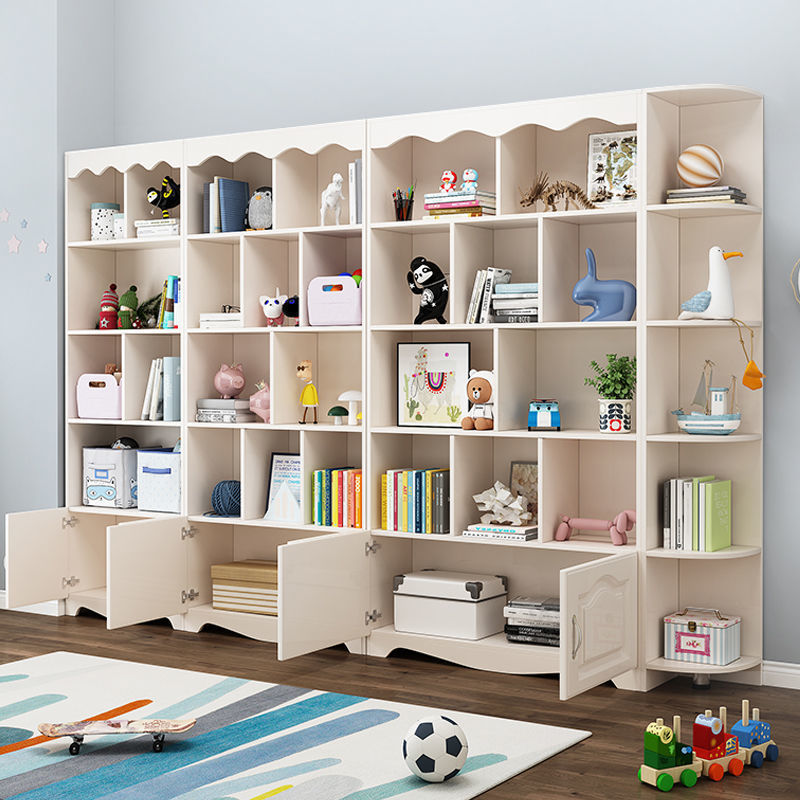 书架落地置物架简易卧室儿童书柜带门实木一体靠墙小型收纳柜书橱