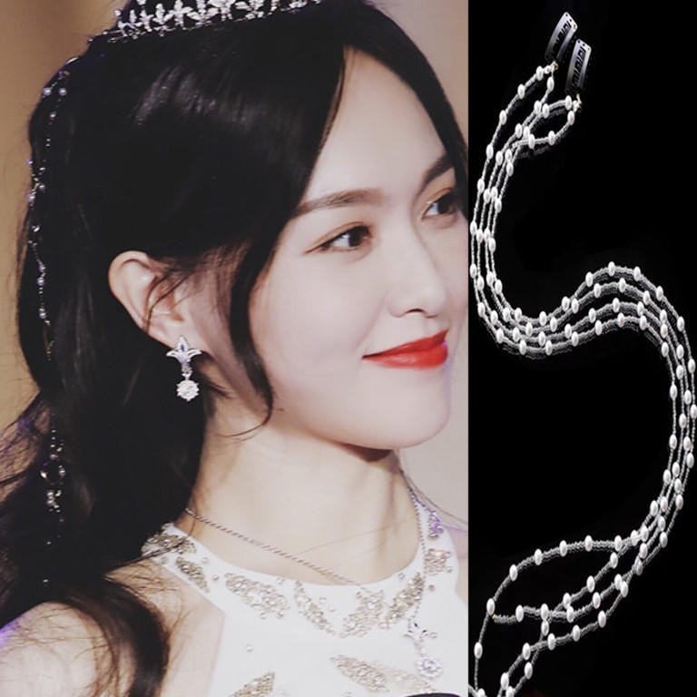 唐嫣520活动现场珍珠发链编发发夹长款串珠流苏发饰仙女气质发夹