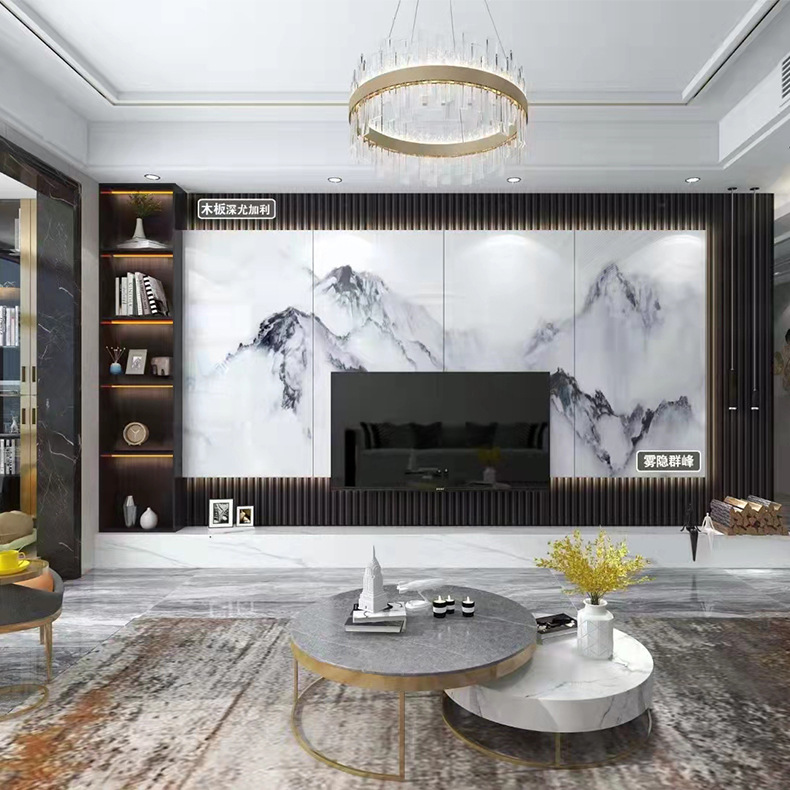 轻奢风悬空岩板电视背景墙 现代简约客厅仿大理石影视墙