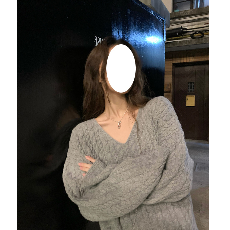 21fw 宽松慵懒风v领套头软糯加厚毛线针织麻花毛衣女2021秋针织衫