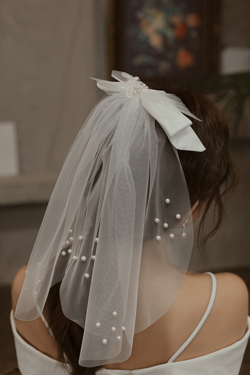 婚礼舞会花瓣珍珠装饰帽纱头纱日韩甜美蝴蝶结派对婚纱配饰头纱