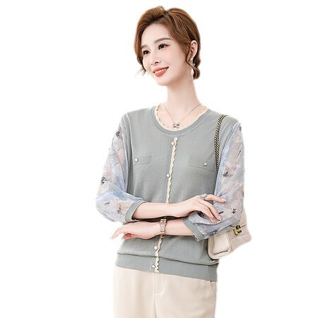 Mom's round Neck Yarn Sleeve Bottoming Shirt Spring and Summer New Western Style Knitted Top for Middle-Aged and Elderly Women Loose Thin T-shirt