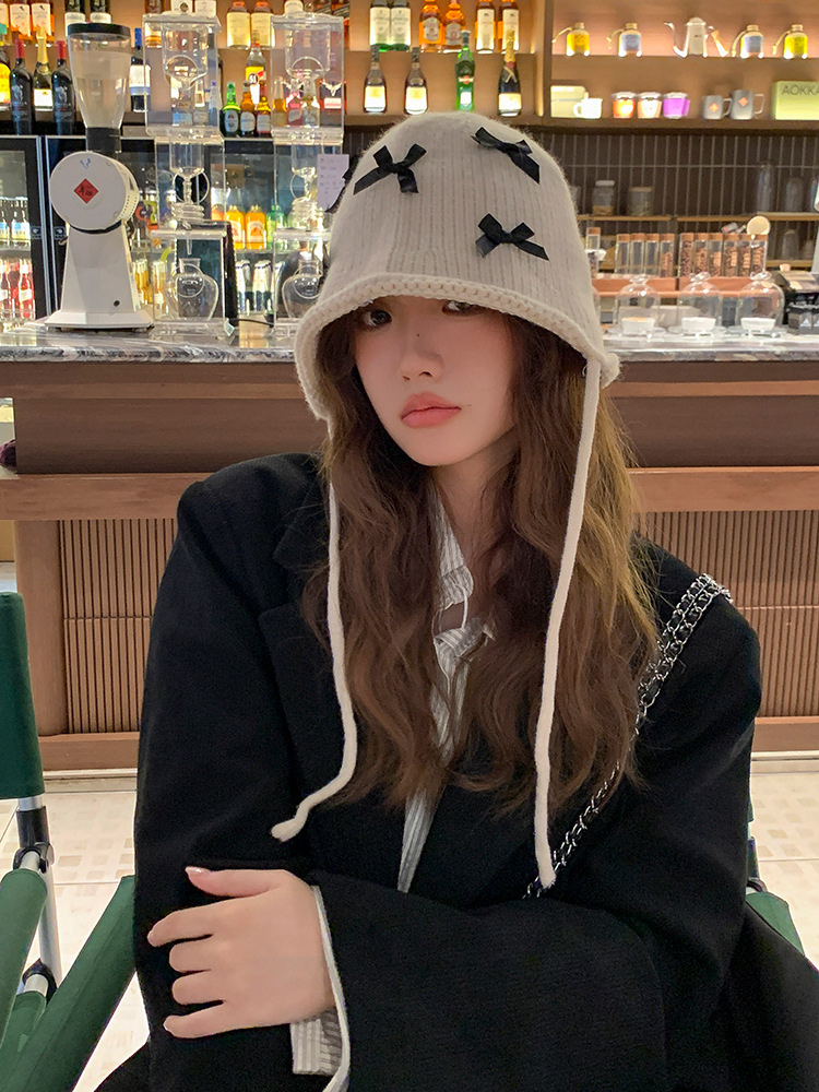 Hin Likes It! Han! Cute Bow Knitted Fisherman Hat Women's Autumn and Winter Face-Looking Braid Wool Bucket Hat