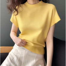 淡黄色短袖t恤女夏季新款掐腰设计感上衣多巴胺穿搭冰丝辣妹收腰