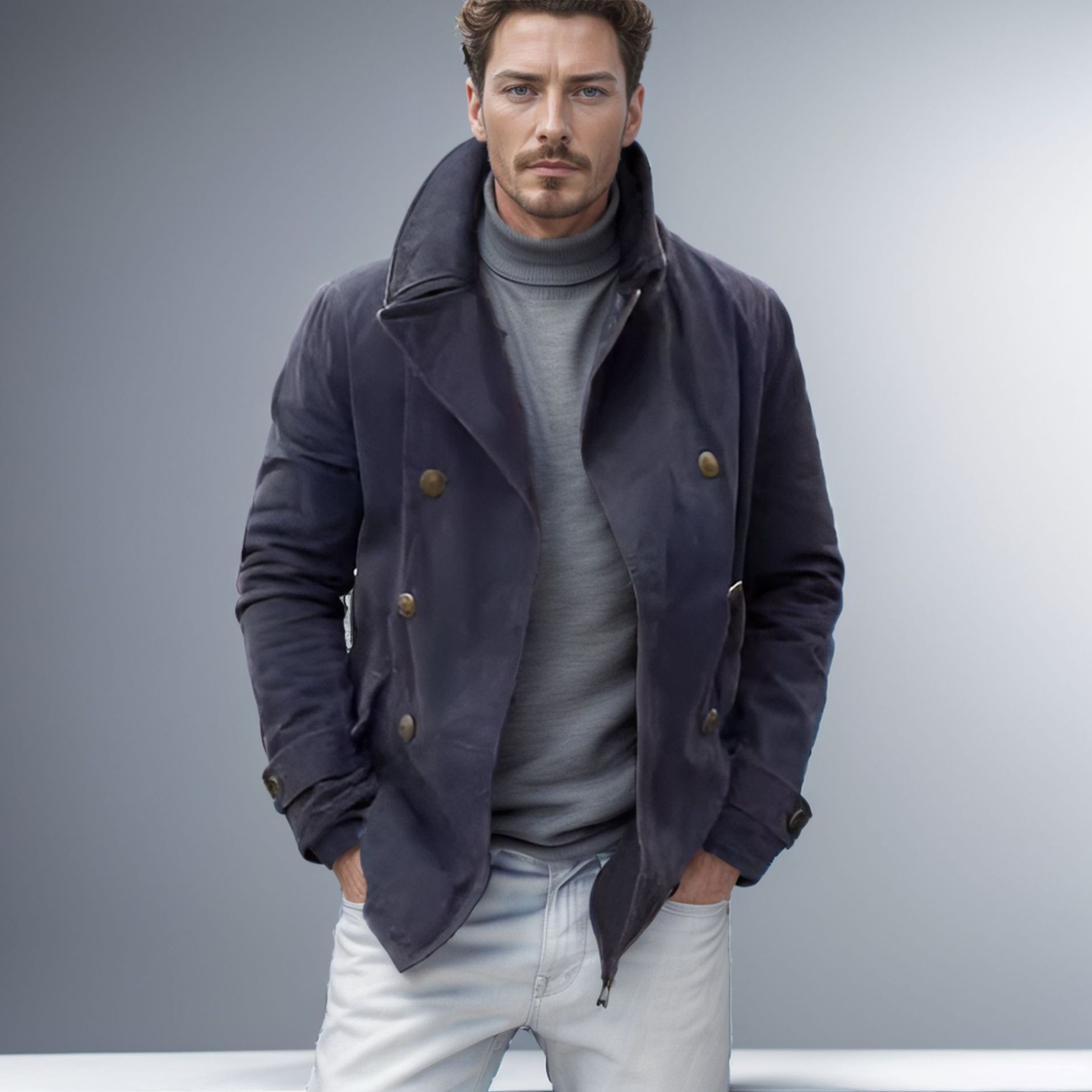 2024春秋款欧美外贸男装休闲时尚双排扣开衫纯色外套男风衣-阿里巴巴