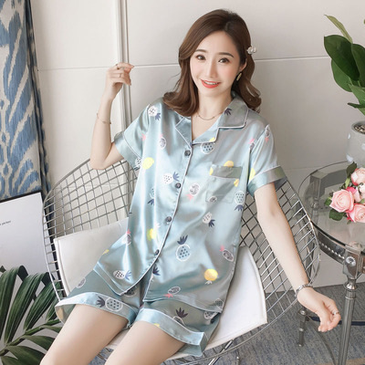 Pajamas Women's Summer Short Sleeve New Ice Silk Summer Cardigan Sexy Women's Large Size Artificial Silk Thin Two-Piece Suit Summer