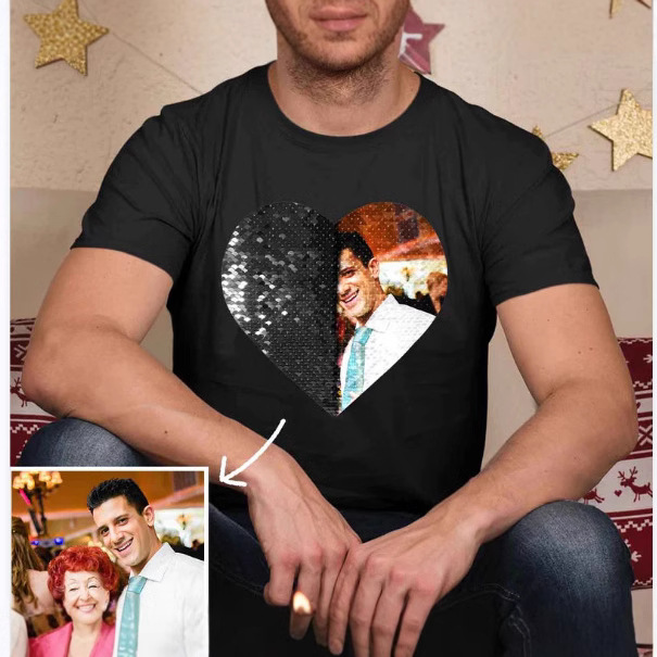 独立站亚马逊跨境双面翻亮片t恤印花夏季丝棉T恤DIY爱心T潮牌短袖