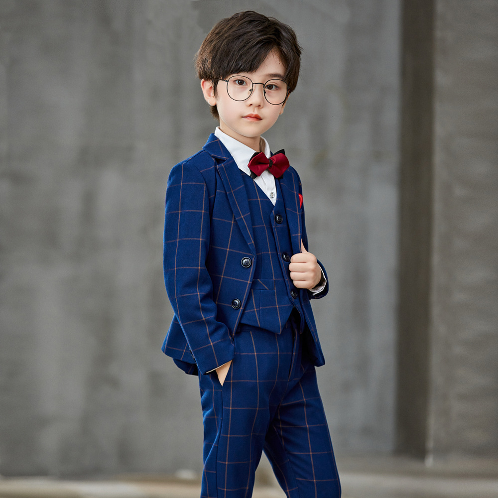 男童小西装洋气格子春秋新款儿童摄影演出礼服加绒套装婚礼花童