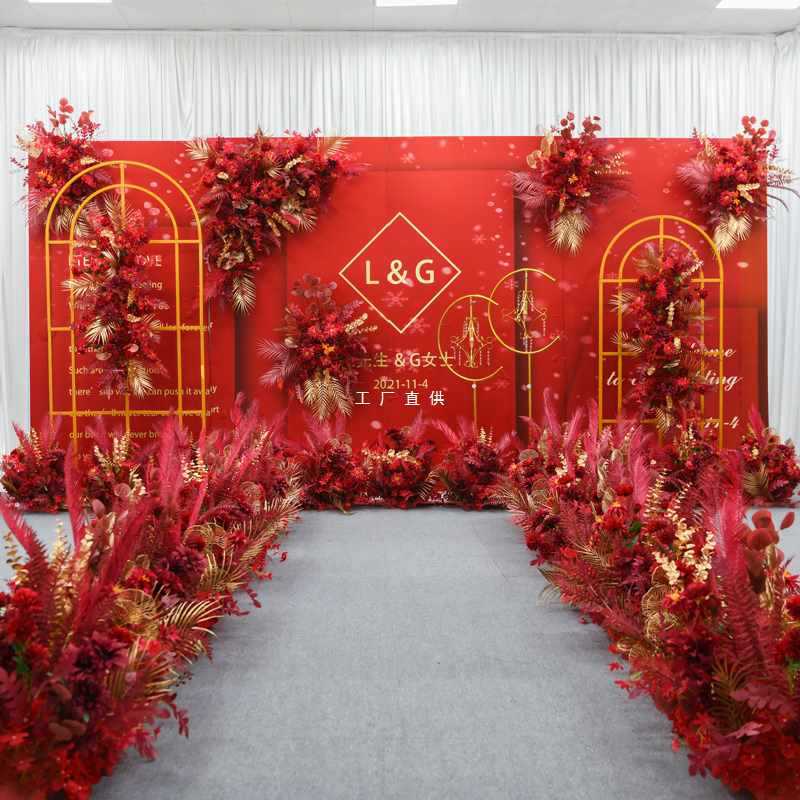 中式婚礼装饰花婚庆现场道具花艺背景墙拱门舞台布置路引花地排花