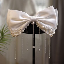 超仙法式手缝珍珠缎面精致蝴蝶结发夹新娘结婚礼服婚纱敬酒服配饰