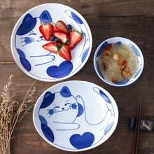 日本进口美浓烧陶瓷饭碗蘸酱碟甜品盘家用日式卡通面汤碗猫咪餐具