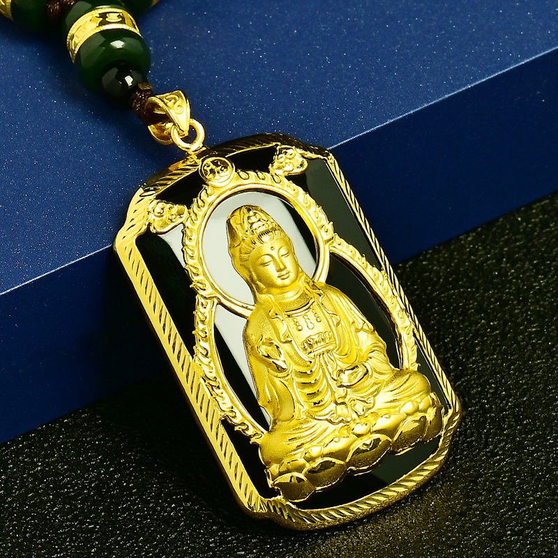 黄金观音牌男士999足金墨玉吊坠和田玉金观音坠金镶玉观音挂件