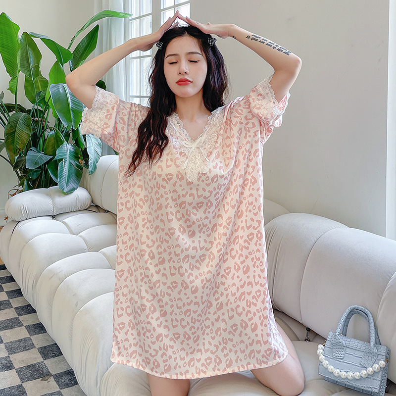 Nightdress Women's Spring and Autumn Summer Silk Ice Large Size Loose Sweet Dress Sexy Korean Style Pajamas Home Wear in Stock Wholesale