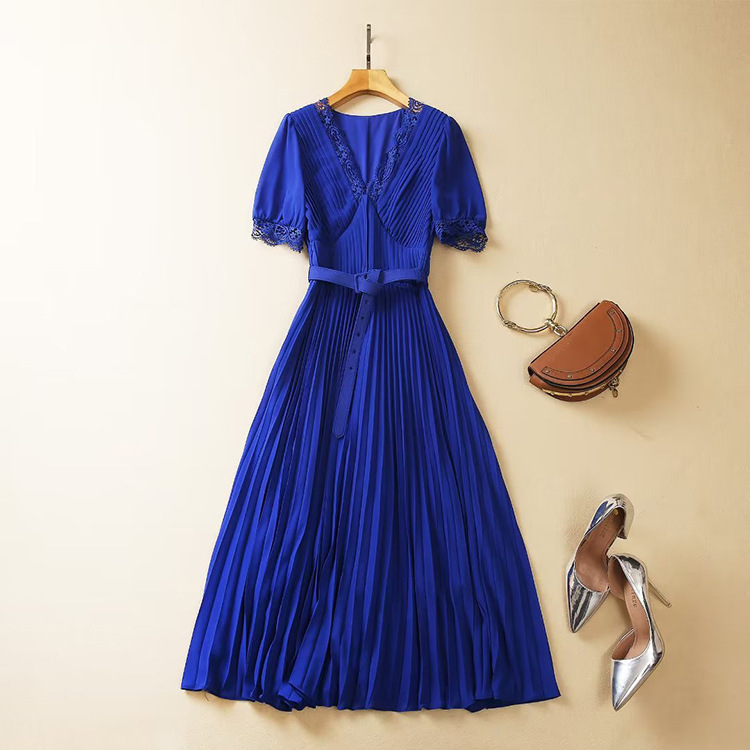 欧洲站2023夏装新款女装蕾丝拼接收腰百褶雪纺连衣裙结婚礼服日常