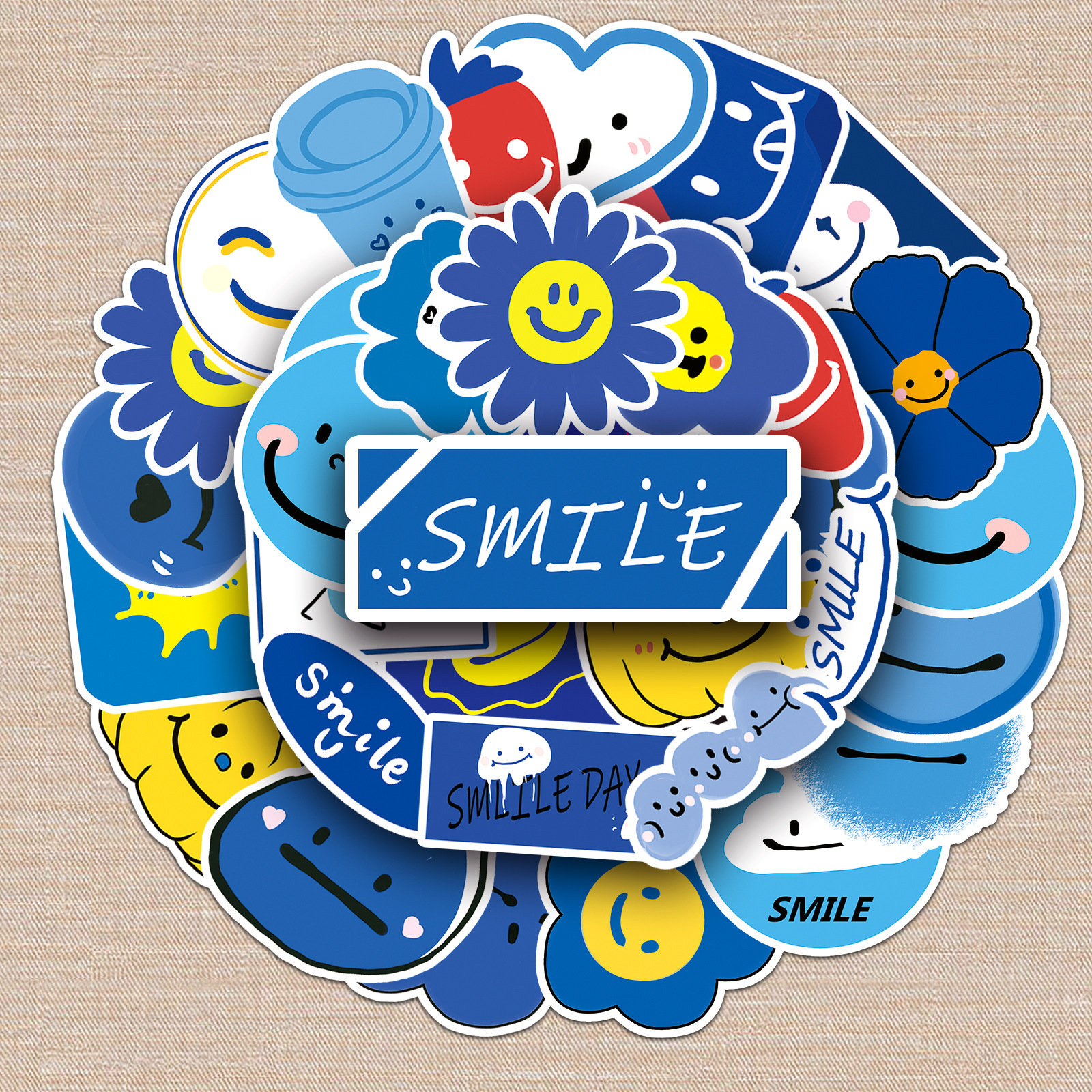 50张蓝色微笑涂鸦贴纸个性卡通原创笑脸装饰笔记本行李箱贴纸防水