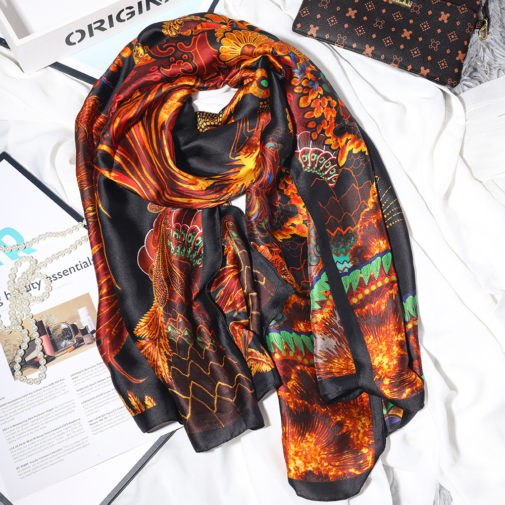 New Sunscreen High-End Imitated Silk Scarves Women's Korean Style Scarf Printed Gift Silk Ethnic Style Shawl Beach Towel