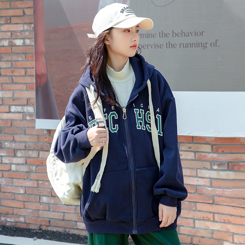 1041美式卫衣外套女开衫秋季青少年大童高女生中学生字母连帽加绒