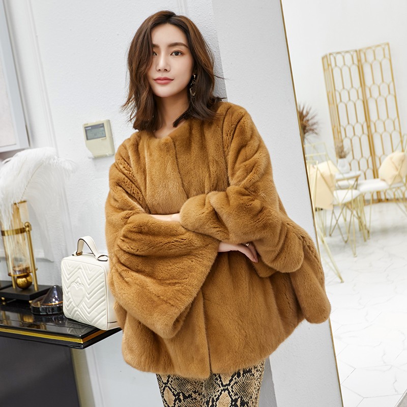 猎马仕进口整貂天鹅绒貂皮大衣水貂中长款无领皮草外套女现货现发