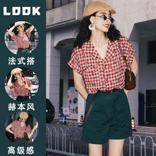 夏季网红炸街港味复古格子衬衫套装女设计感小众休闲短裤两件套潮